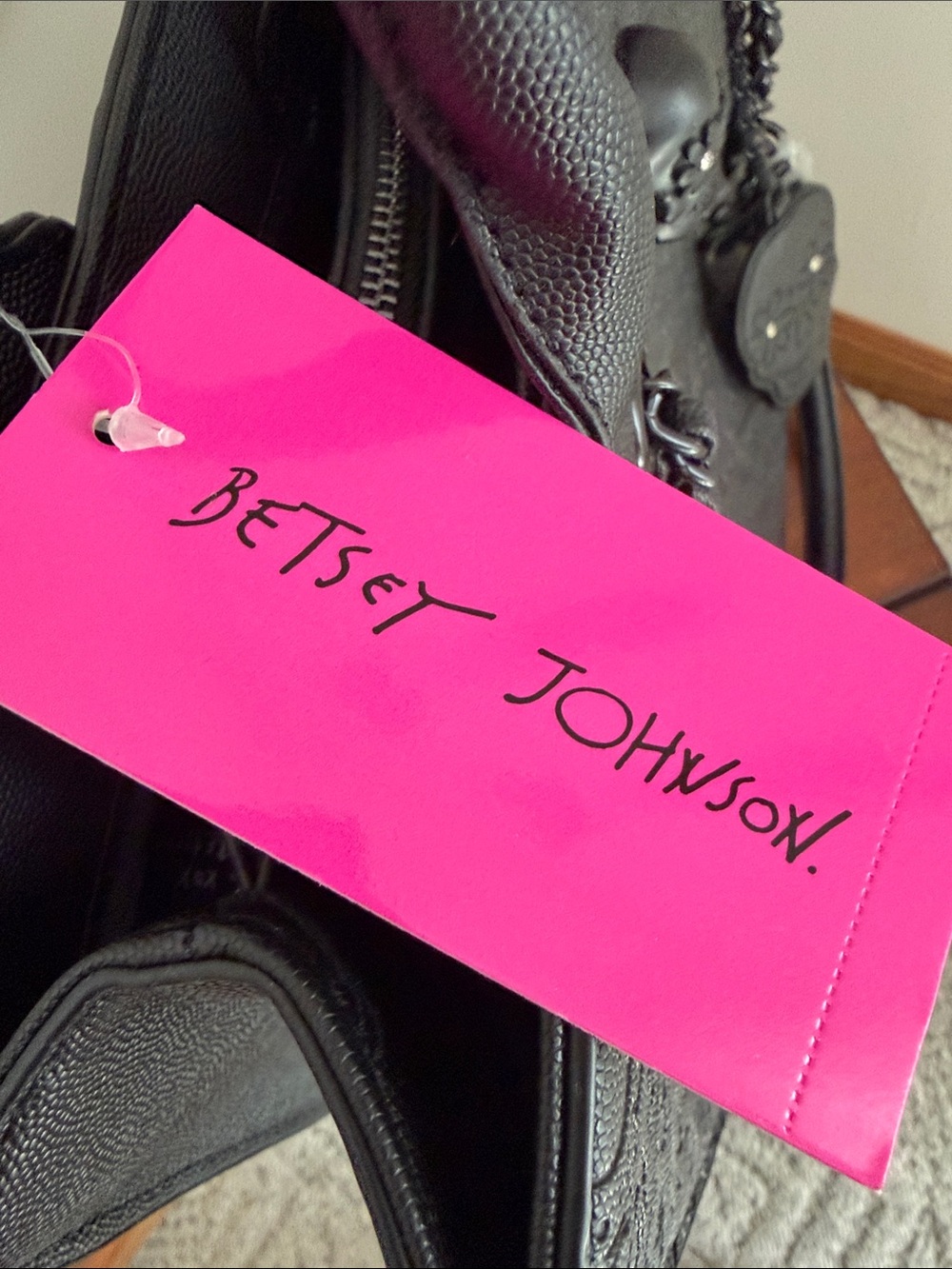Betsey Johnson Black Embossed Skull Tote with Chain-Strap Accents - Picture 4 of 7
